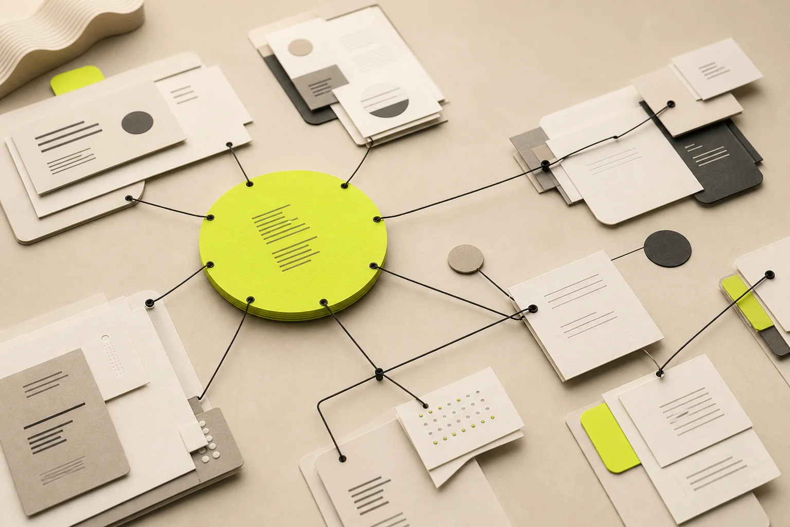 Tactile content strategy system with a central topic connected to supporting content modules