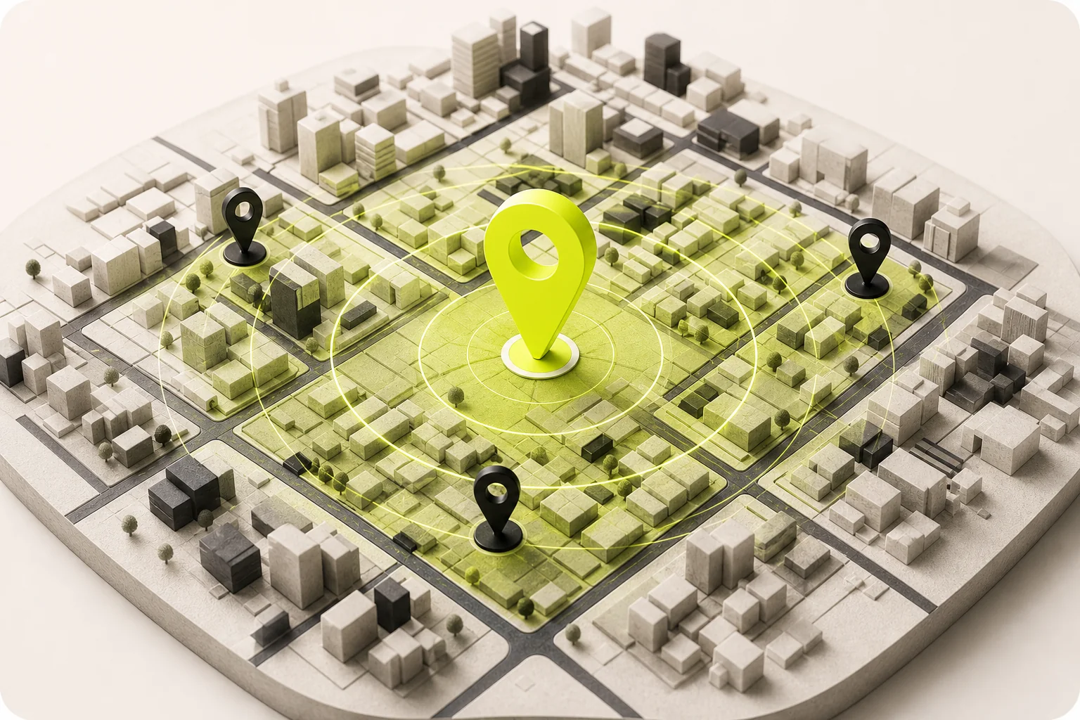 Three-dimensional neighborhood map with location pins representing a local SEO visibility strategy